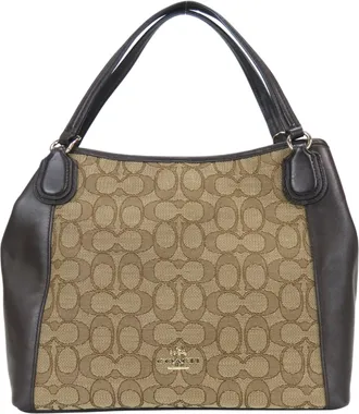 Coach Signature Beige Dark Brown Canvas Leather Tote Bag (Pre-Owned)