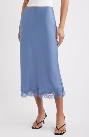 Open Edit Lace Trim Satin Midi Skirt in Blue Umbra at Nordstrom, Size Xx-Small