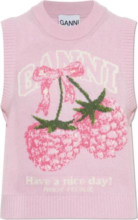Ganni Logo Vest - Dames - Ronde hals truien - Roze - XS - Wol - Truien & Vesten
