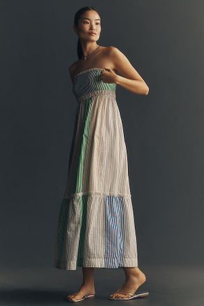 Maeve Cotton Strapless Colorblock Midi Dress