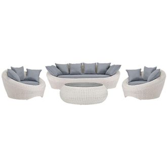 Vente-Unique Salotto da giardino in resina intrecciata avorio: divano, 2 poltrone e tavolino - WHITEHEAVEN