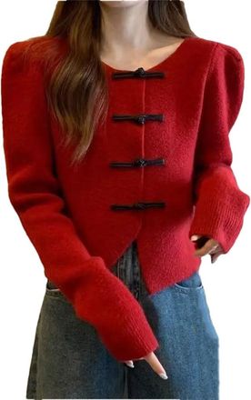 Generic Women Vintage Cardigans Chinese Style Button Ladies Cropped Sweaters Coat Red S