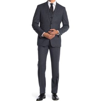 English Laundry Dark Grey Stripe Two Button Notch Lapel Wool Slim Fit 3-Piece Suit in Dark Gray at Nordstrom Rack, Size 40L