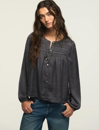 Lucky Brand Womens Long Sleeve Satin Pintuck Blouse