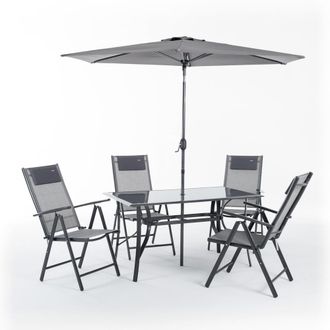 Siediti Fuori e Dentro Set de jard&iacute;n de metal gris con mesa, 4 sillas y sombrilla