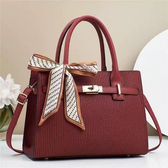 Generic Womens Light Luxury Textured Handbag with Decorative Scarf, Structured Tote Bag with Metal Hardware (Wine red)