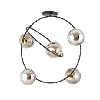 Wonderlamp Plaf&oacute;n de techo con aros negros y 5 esferas de cristal gris espejo