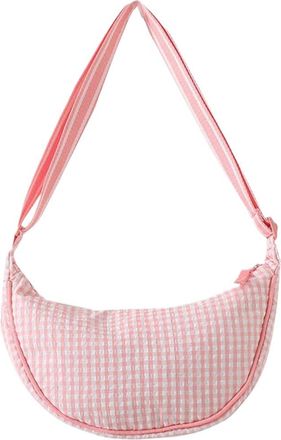 Generic Plaid Nylon Crossbody Bag Lightweight Crescent Bag Handbag for Women (Pink)