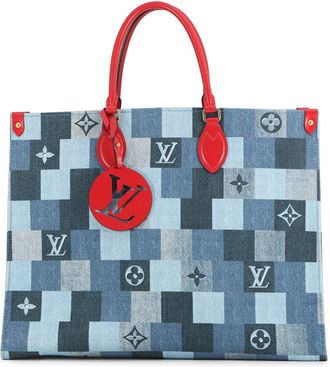 Louis Vuitton Blue Red Color Monogram Denim Leather Tote Bag (Pre-Owned)