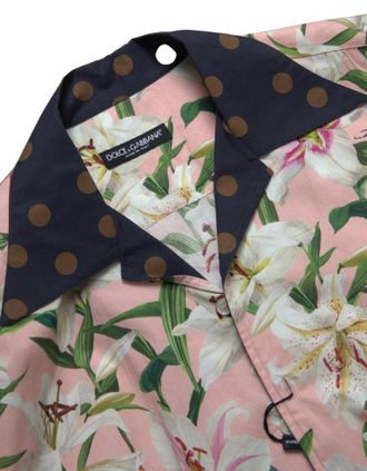 Dolce & Gabbana Mens Cotton Polka Dot Lily Print Collared Shirt Pink