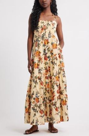 Treasure & Bond Tie Shoulder Tiered Maxi Dress in Beige Gelato Ferrah Blooms at Nordstrom Rack, Size Xx-Small