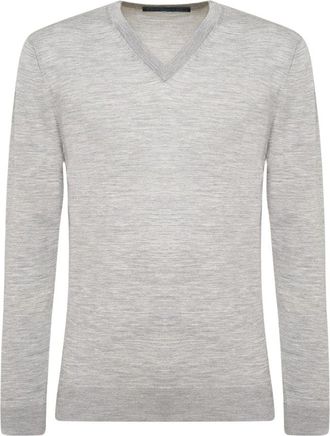 Kiton Lichtgrijze wollen V-hals pullover - Heren - V-hals truien - Grijs - S - Wol - Truien & Vesten