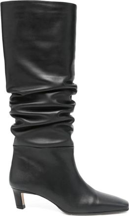 Alohas Zwarte Leren Slouch Kniehoge Laarzen - Dames - Laarzen met Hak - Zwart - 39 EU - Schoenen