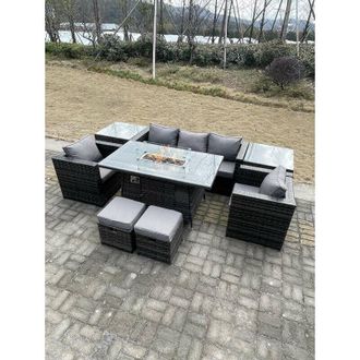 Fimous Fimous Outdoor PE Rattan Garden Furniture Gas Fire Pit Dining Table Armchairs With 2 Side Coffee Table Stools Dark Grey Mixed