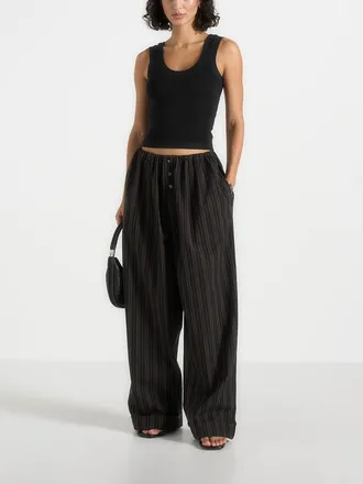 Mani&egrave;re De Voir Ivanna Elasticated Wide Leg Striped Cotton Pants in Black/brown at Nordstrom, Size 12