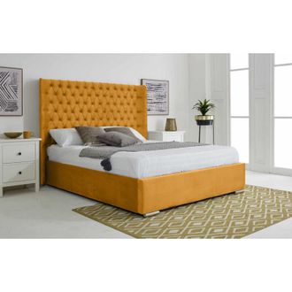 Casa Woodlake Mustard Plush Velvet Matching Buttons Super King Bed Frame