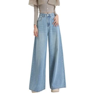 Generic Wide Leg Jeans for Women Ladies Baggy Bootcut Denim Pants Loose Casual Y2K Streetwear High Waisted Trousers with Pockets Straight Leg Flared Bottoms