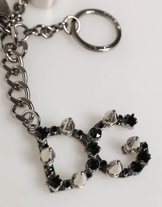 Dolce & Gabbana Womens Silver Brass Metal Dg Logo Crystal Ring Keyring Keychain Black | Zamak Steel Real