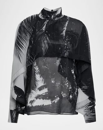 Ferragamo Palm-Print Silk Chiffon Cape Blouse