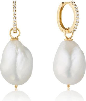 Lily & Roo Gold Diamond Style Slim Baroque Pearl Drop Huggie Hoop Earrings