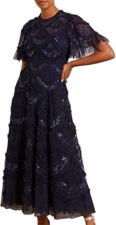 Needle & Thread Carmen Ruffle Maxi Dress in Navy at Nordstrom, Size 16