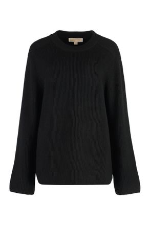 On sale Michael Kors Black Merino Wool Crewneck Sweater with “leather” shoulder patches