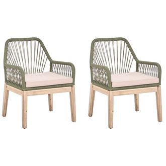 Beliani Conjunto De 2 Sillas De Jard&iacute;n Con Cojines Estructura De Polipropileno Trenzado Patas De Madera De Acacia Moderno Blanco Verde Oliva Olbia