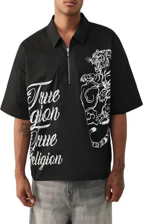 True Religion Tiger Half Zip Shirt in Jet Black at Nordstrom, Size Xxx-Large