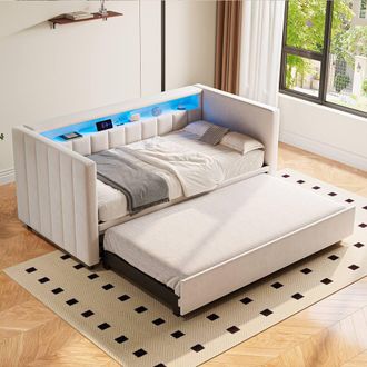 Direct Wicker Multifunctional Pull-out Sofa Bed with USB-Type-C port, LED lighting in Beige | Size: Single