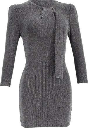 Iro Perk gebreide mini-jurk met strik bij de hals en lange mouwen in metallic zilverkleurig nylon