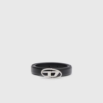 Diesel 1.9cm slim leather belt with crystal buckle - Belts - Woman - Black