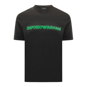 Emporio Armani Tops, Heren, Zwart, M, Katoen, Logo-gebrodeerd T-shirt