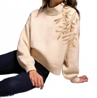 Tribal Sequin Floral Applique Mock Neck Sweater In Latte