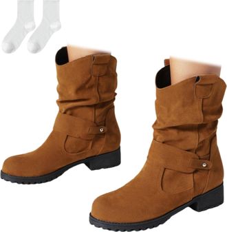 Generic Womens Winter Ankle Boots with A Low Block Heel, Fashionable Slip-On Boots in A Suede Look with A Pleated Design And Non-Slip Sole, Comfortable Winter