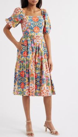 Vince Camuto Print Square Neck Puff Sleeve Midi Dress in Blue Multi at Nordstrom Rack, Size 10