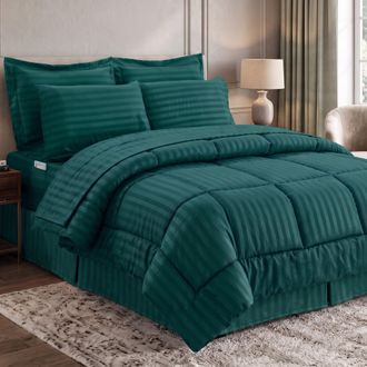 Elegant Comfort 8-Piece Dobby Stripe Comforter Set - Includes 4-Piece Sheet Set with Double Sided Storage Pockets
