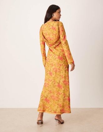 Asos Vestito lungo color senape con stampa a fiori e maniche svasate-Multicolore