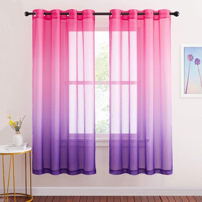 Nicetown Farbverlauf Vorhang Kinderzimmer Mädchen 2 Stücke H 175 x B 140 cm Fenster Gardinen Leinenoptik Halbtransparent Ösenvorhang Dekoschals Voile, Pink+Lil ab 26,95 €