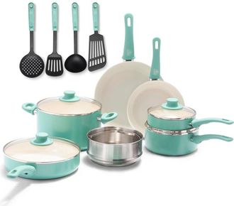 None GreenLife Soft Grip Batteria di Pentole 15 Pezzi, Rivestimento Antiaderente Senza PFAS,Padella 20/26cm,Casseruola 22cm con Coperchi, Pentola 16/18cm