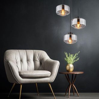 Globo Lighting Lampada a sospensione tavolo da pranzo lampada da soggiorno lampada a sospensione nera a 3 fiamme moderna, paralumi in vetro bulboso, metallo fumo