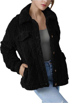 Generic Fleece Lined Sherpa Jackets for Women Thermal Double-Sided Fluffy Coats Ladies Casual Warm Lapel Button Closure Coat with Pockets Fashion Fall Winter 