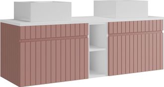 Vente-Unique Mueble de ba&ntilde;o suspendido estriado con huecos y doble lavabo sobre encimera cuadrado - Rosa - An. 140 cm - SATARA