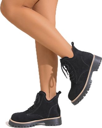 Generic Black Womens Fashion Casual Winter Short Boots Featuring Round Toe and Front Lace-Up Closure with Low Heel for Ankle Support and Daily Comfort