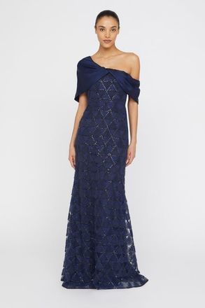 Theia Anabella Textured Tulle Asymmetric Neck Satin Fit and Flare Gown in Navy at Nordstrom, Size 10