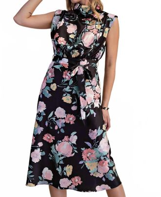 Glam Terrie Mock Cowl Neck Midi Dress In Black Floral