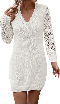 Generic Jumper Dress for Women UK Hollow Out Sexy V Neck Knitted Dress Casual Loose Solid Long Sleeve Dress Ladies Elegant Short Mini Dress Pullover Sweater K