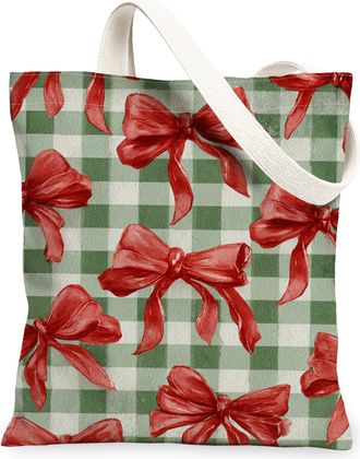 Generic Christmas Bow Canvas Tote Bags, Festive Ribbon Pattern Reusable Grocery Bags, Winter Vintage Lightweight Washable Shoulder, Green, 13x15 Inch