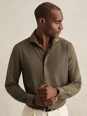 Reiss Olive Green Stretch Jersey Cutaway-collar Shirt, XS