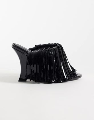 Azalea Wang Azalea Wang mules con dettaglio frange e tacco a zeppa neri-Nero