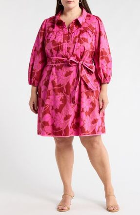 Sugarlips Craney Floral Print Tie Waist Long Sleeve Shirtdress in Burgundy-Pink at Nordstrom, Size 1X